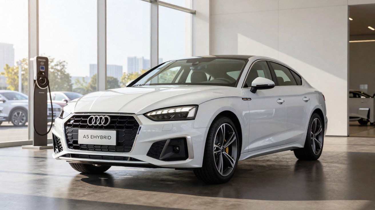 Audi A5 eHybrid branco estacionado numa garagem com carregador elétrico ao fundo.