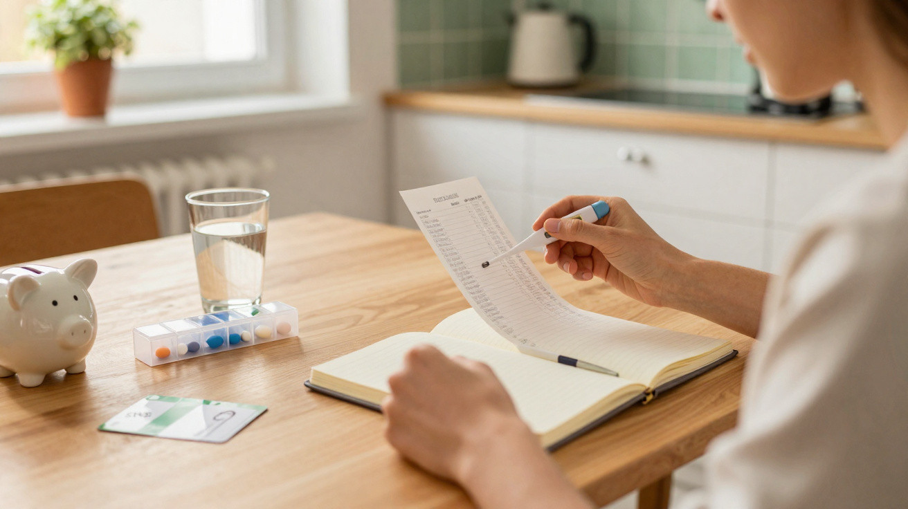 Pessoa a analisar uma fatura com termómetro na mão, num ambiente doméstico, com caderno e mealheiro.