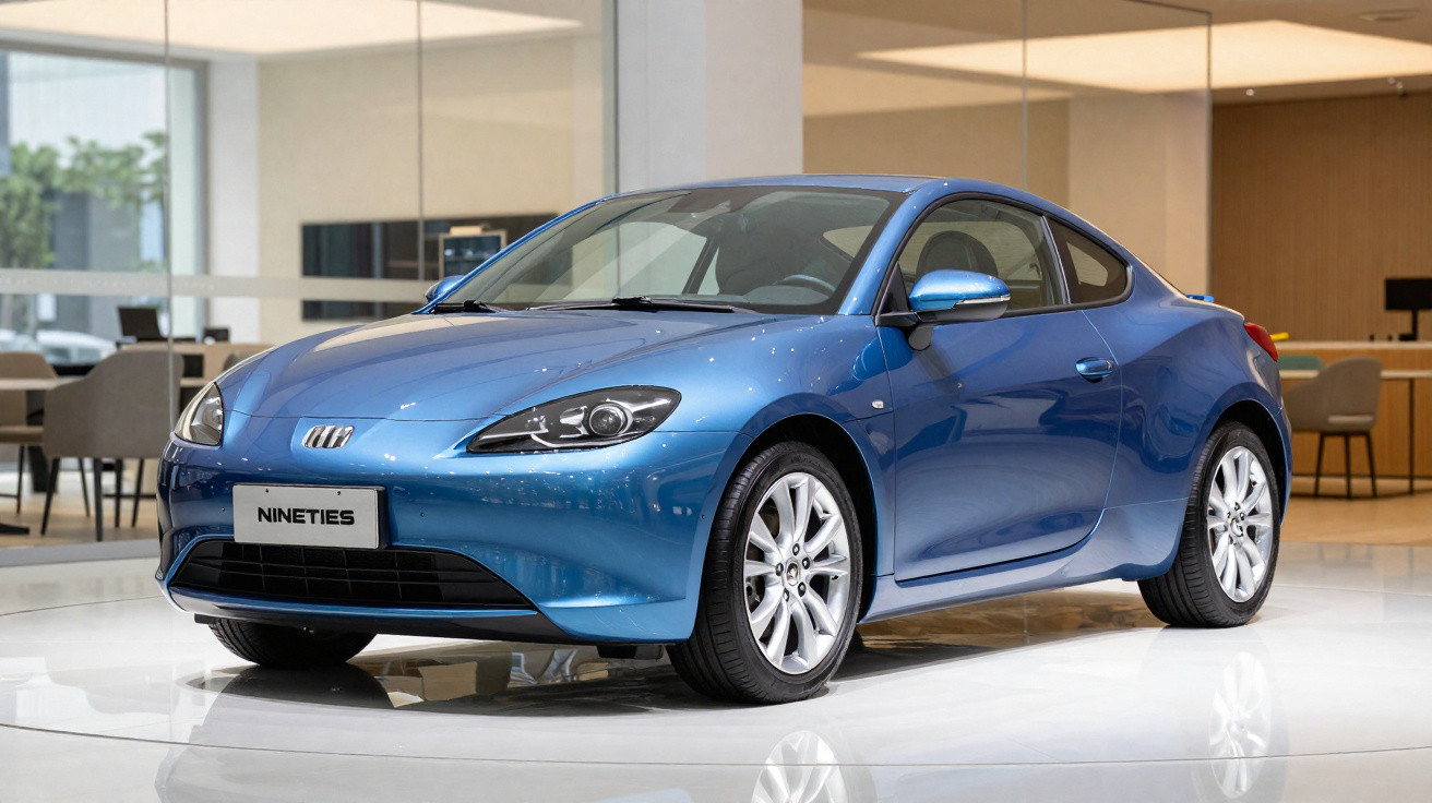 Carro desportivo azul metálico estacionado em interior moderno com chão branco brilhante.