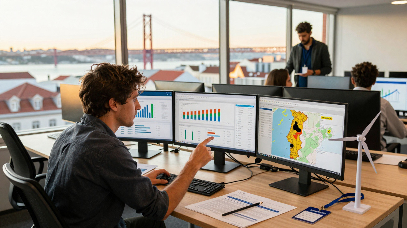 Homem a analisar gráficos e mapas em três monitores num escritório com vista para a ponte e rio.