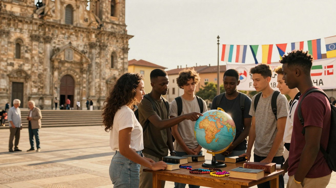 Grupo de jovens em praça histórica observando um globo terrestre sobre mesa com livros e colares coloridos.