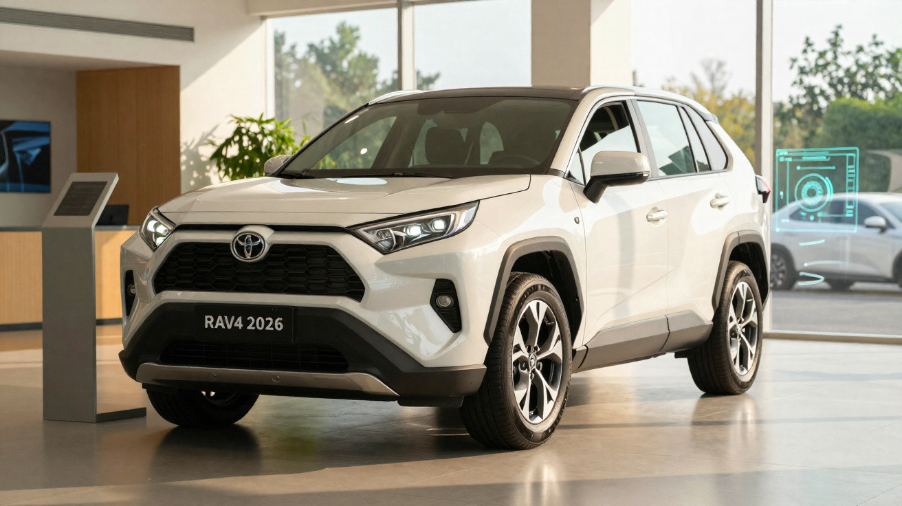 SUV Toyota RAV4 2026 branco em exposição num salão moderno com grande janela e plantas.