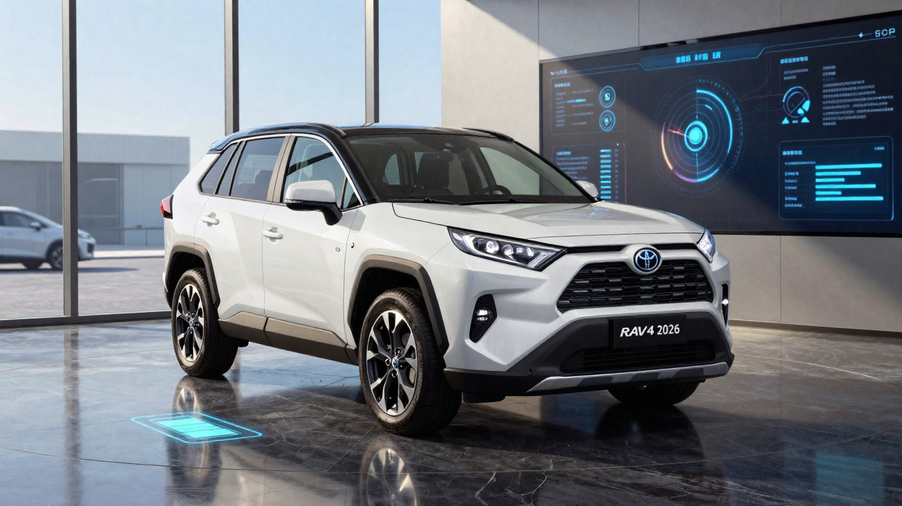 Toyota RAV4 branco de 2026 estacionado num salão moderno com painéis digitais ao fundo.
