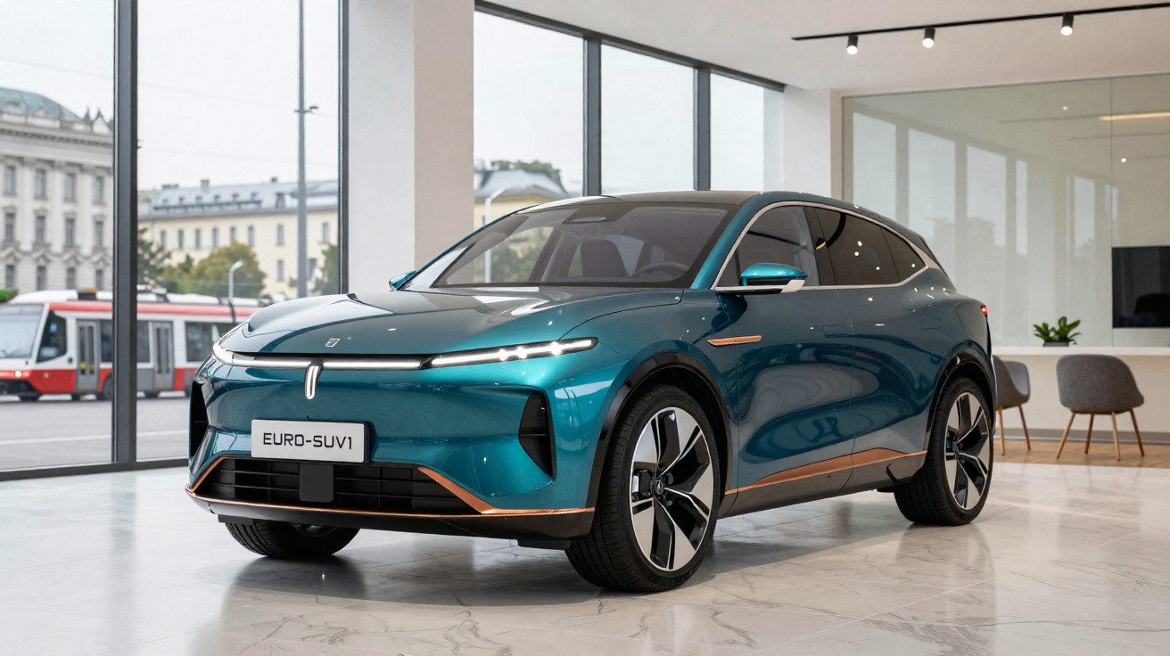Carro elétrico SUV azul metálico exibido dentro de showroom com grandes janelas e piso em mármore.