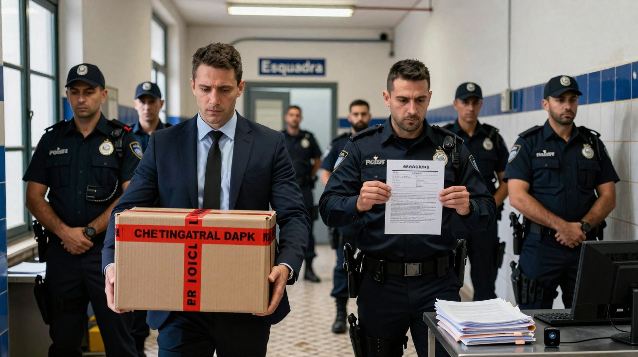 Homem de fato transporta caixa lacrada e polícia mostra documento dentro de esquadra com agentes ao fundo.