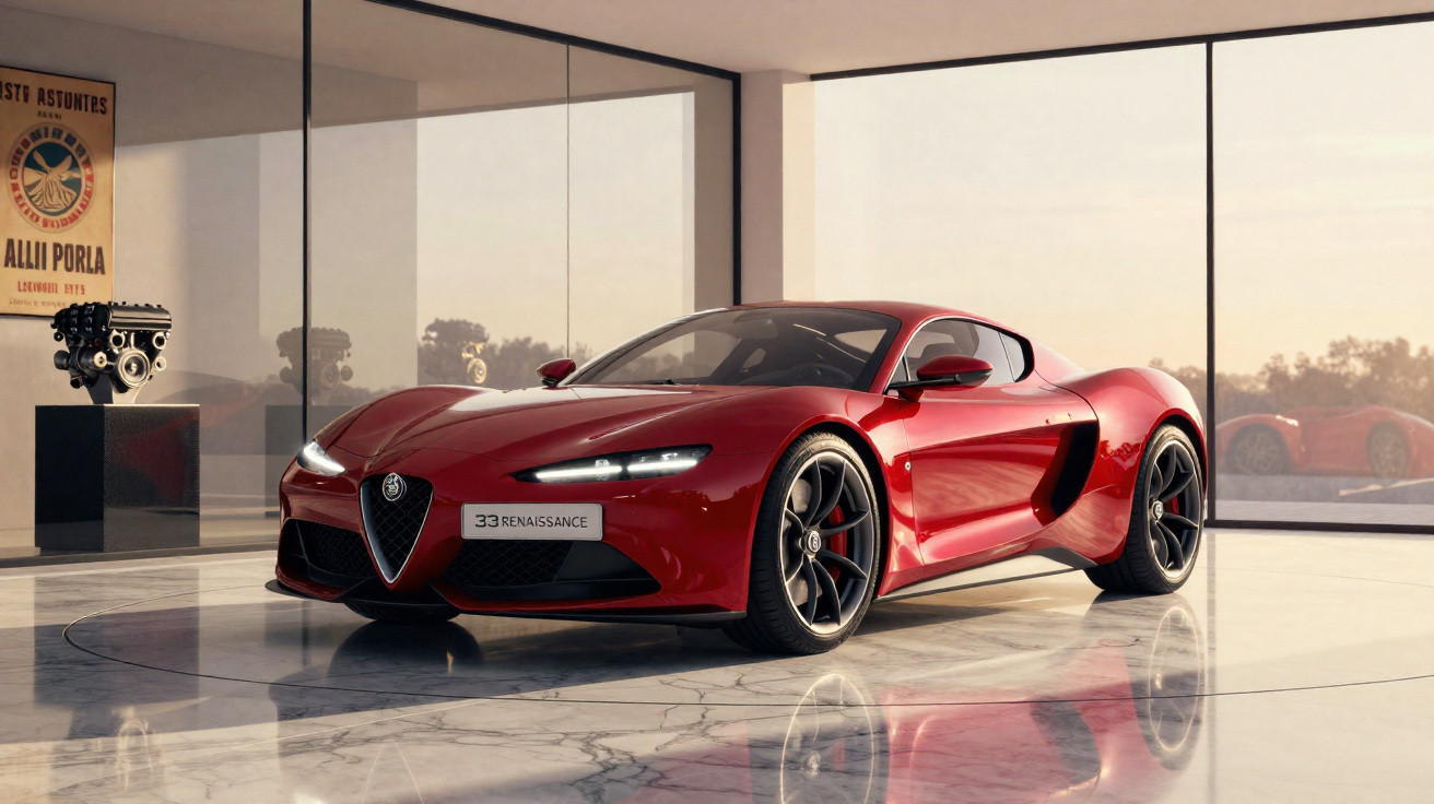 Carro desportivo vermelho Alfa Romeo 33 Stradale em showroom com chão de mármore e paredes de vidro.