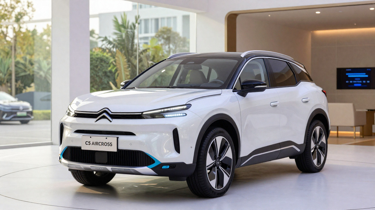 Veículo Citroën C5 Aircross branco exibido num salão moderno com luz natural.