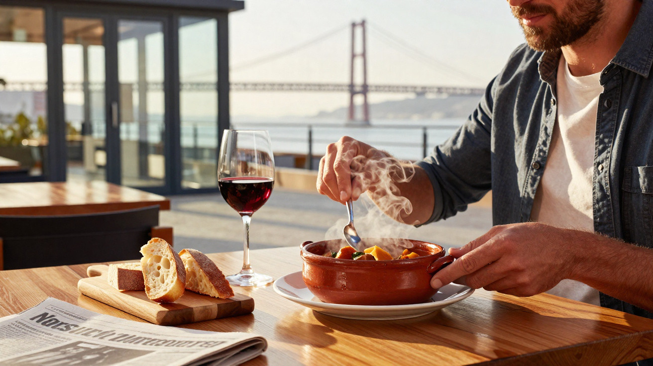 Homem a comer prato quente fumegante acompanhado por vinho tinto e pão numa esplanada com vista para ponte.