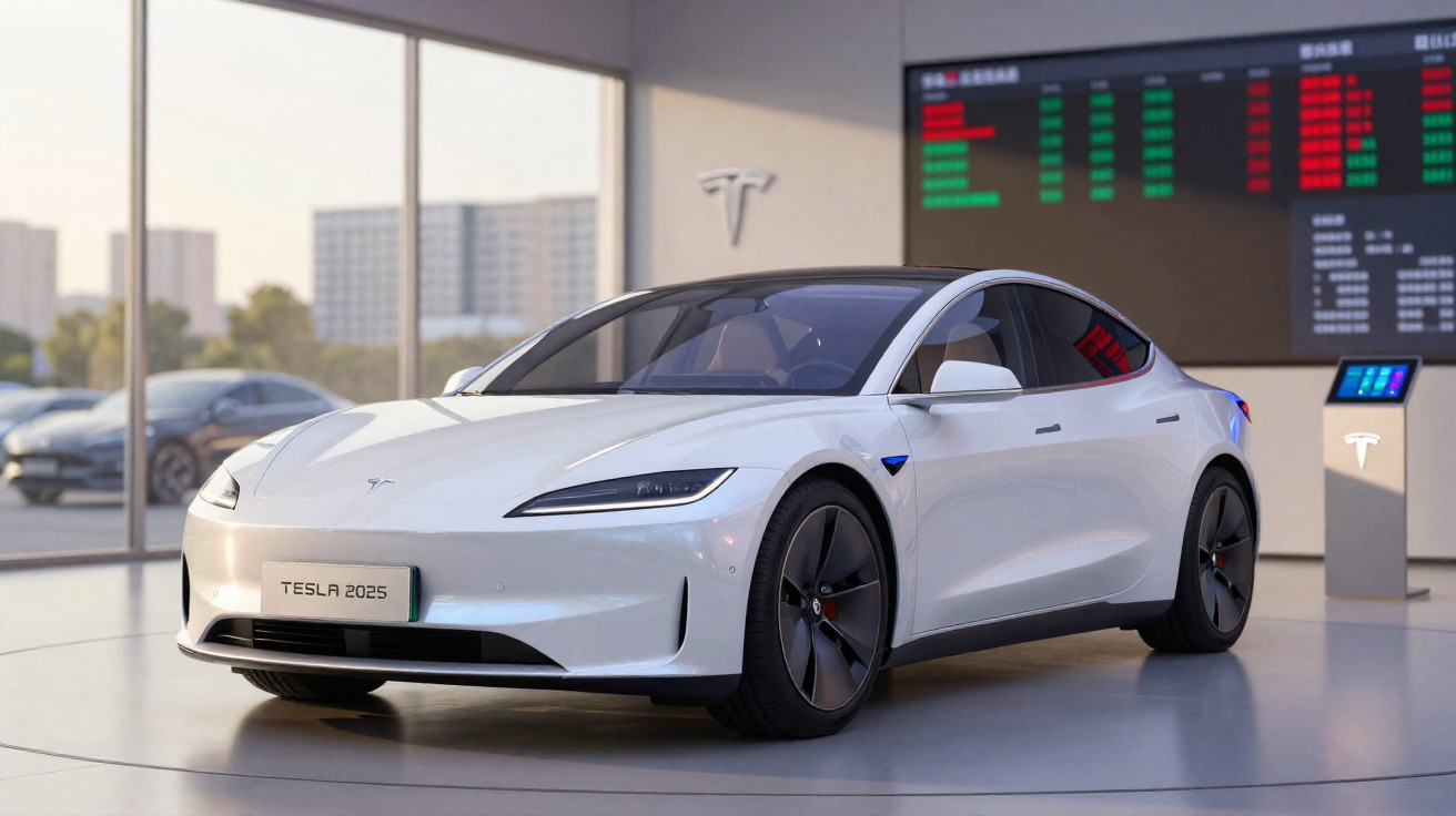 Carro elétrico Tesla branco modelo 2025 em showroom moderno com painéis digitais ao fundo.