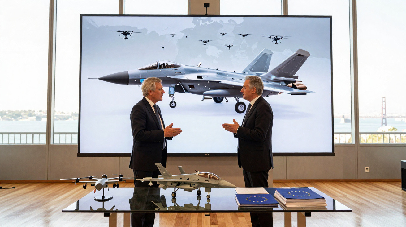 Duas pessoas conversam diante de maquetes de aviões e ecrã gigante com jato militar e drones numa sala moderna.