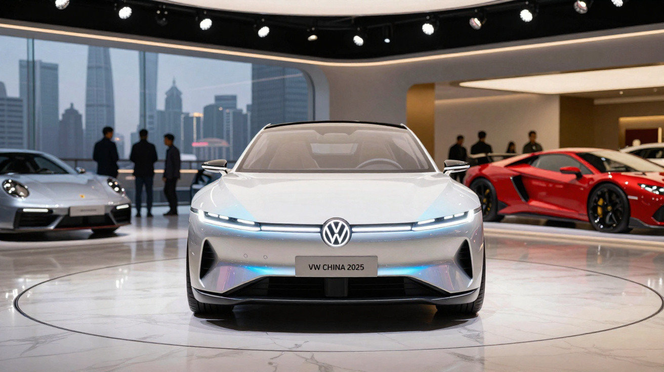 Carro elétrico Volkswagen futurista branco exposto numa sala de showroom moderna com outros carros desportivos.