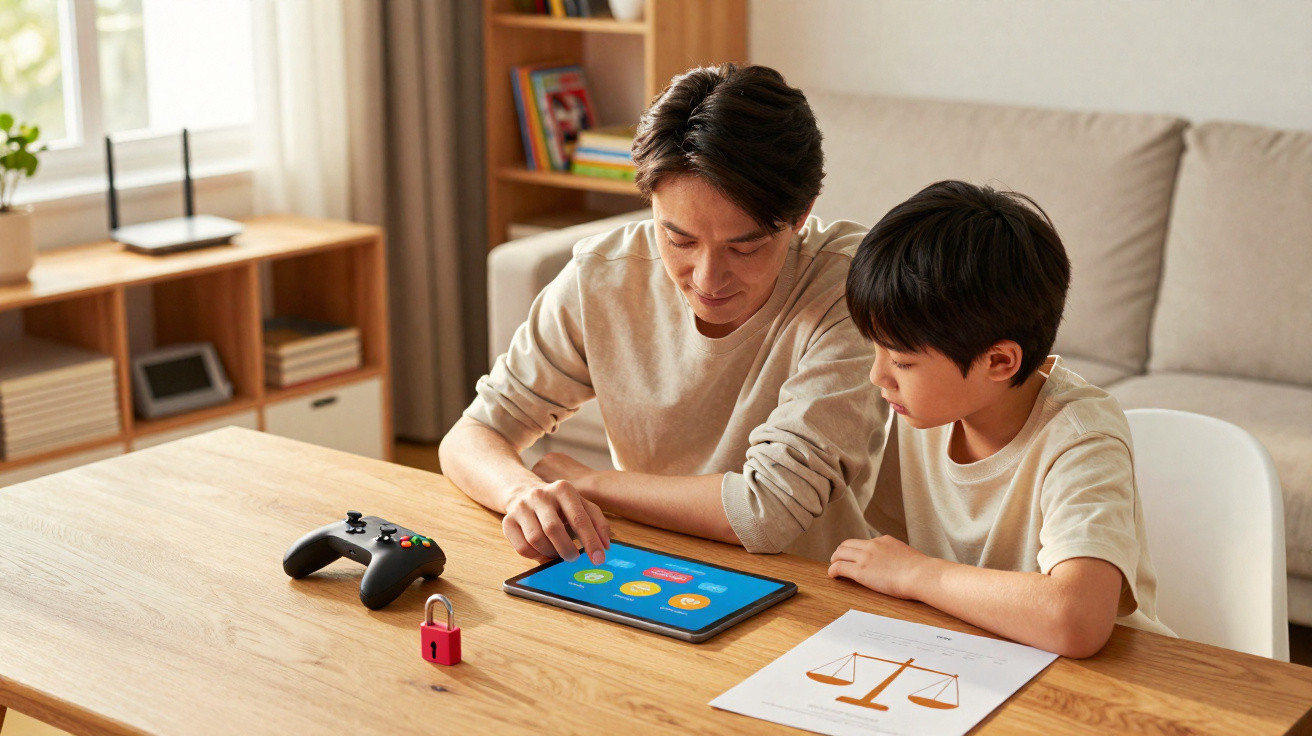 Pai e filho sentados à mesa a usar um tablet para aprender, com um comando de videojogo e uma folha com escala à frente.