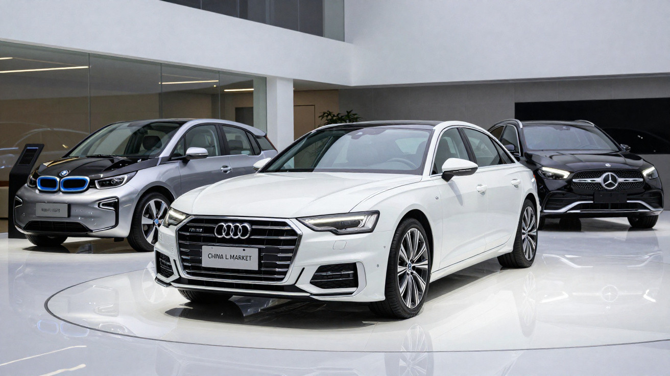 Conjunto de três carros modernos em exposição, destaque para um Audi branco, BMW cinzento e Mercedes-Benz preto.