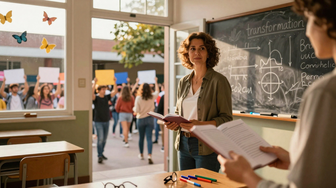 Professora com livro na mão observa manifestação de estudantes com cartazes fora da sala de aula.