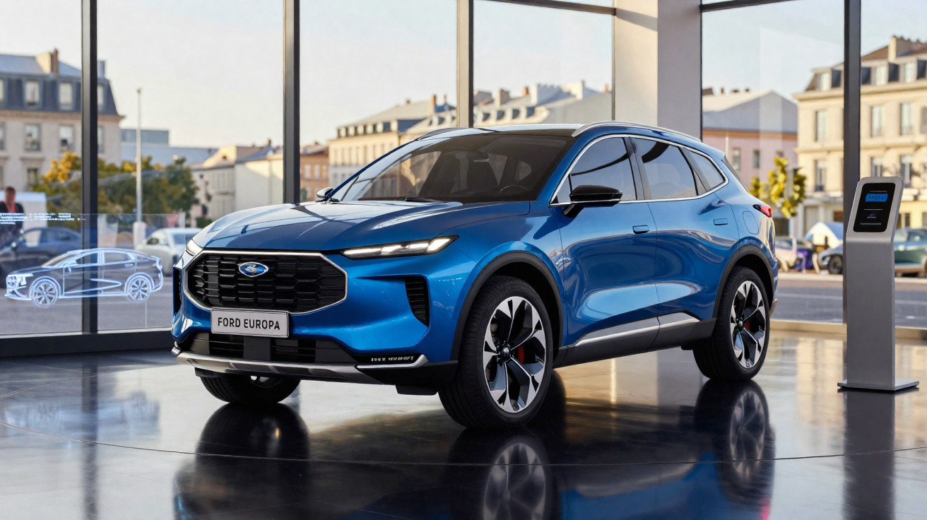 Carro SUV elétrico azul Ford Europa exposto em salão moderno com grandes janelas e posto de carregamento.