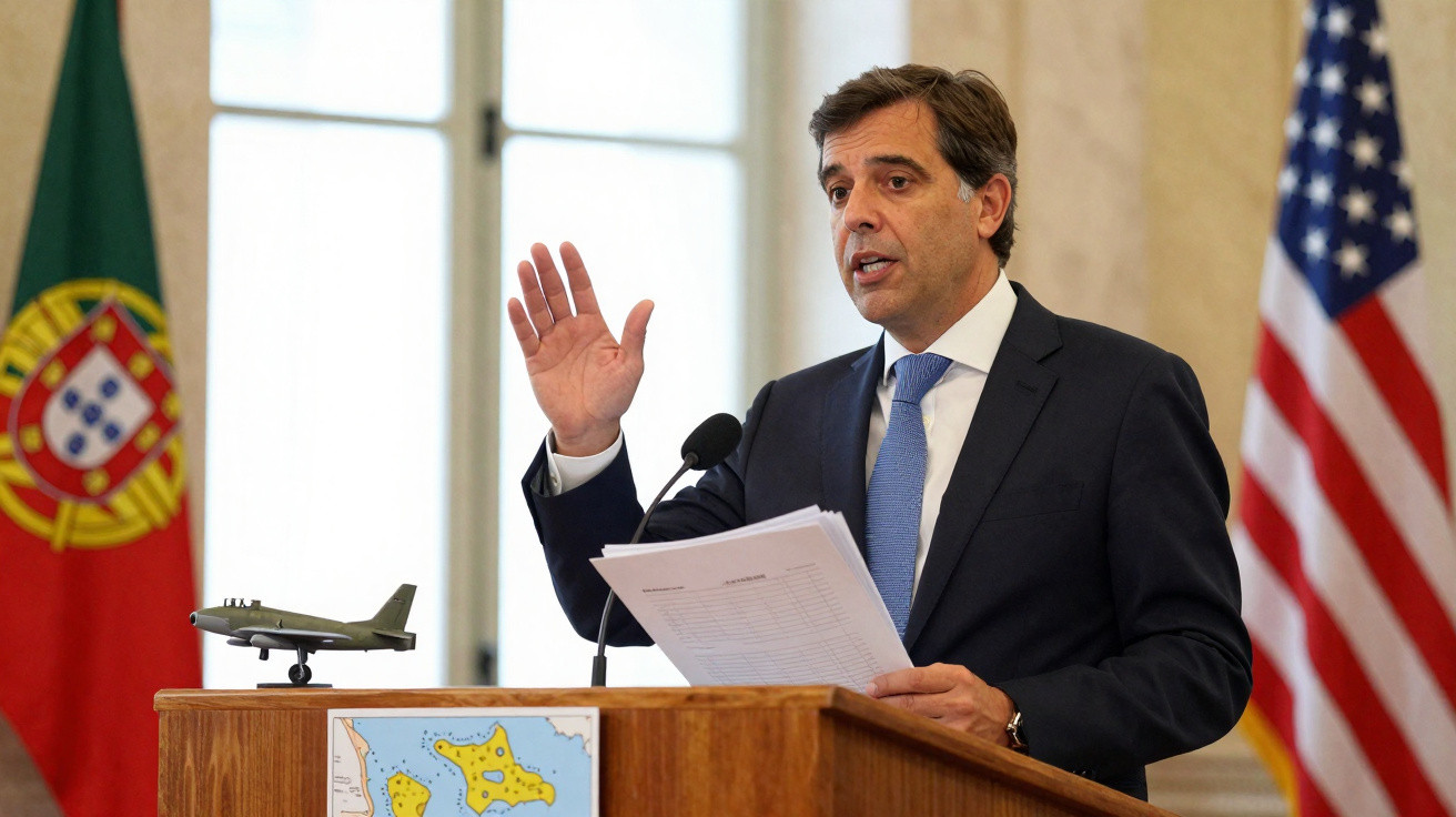 Homem de fato azul, falando num púlpito com bandeiras de Portugal e EUA ao fundo e modelo de avião.