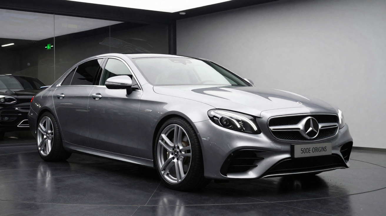 Carro Mercedes-Benz prata modelo 500E Origins estacionado numa garagem moderna com chão escuro e parede cinzenta.
