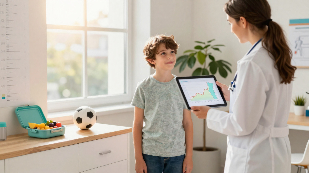 Médica mostra tablet com gráfico a menino durante consulta num consultório iluminado e moderno.