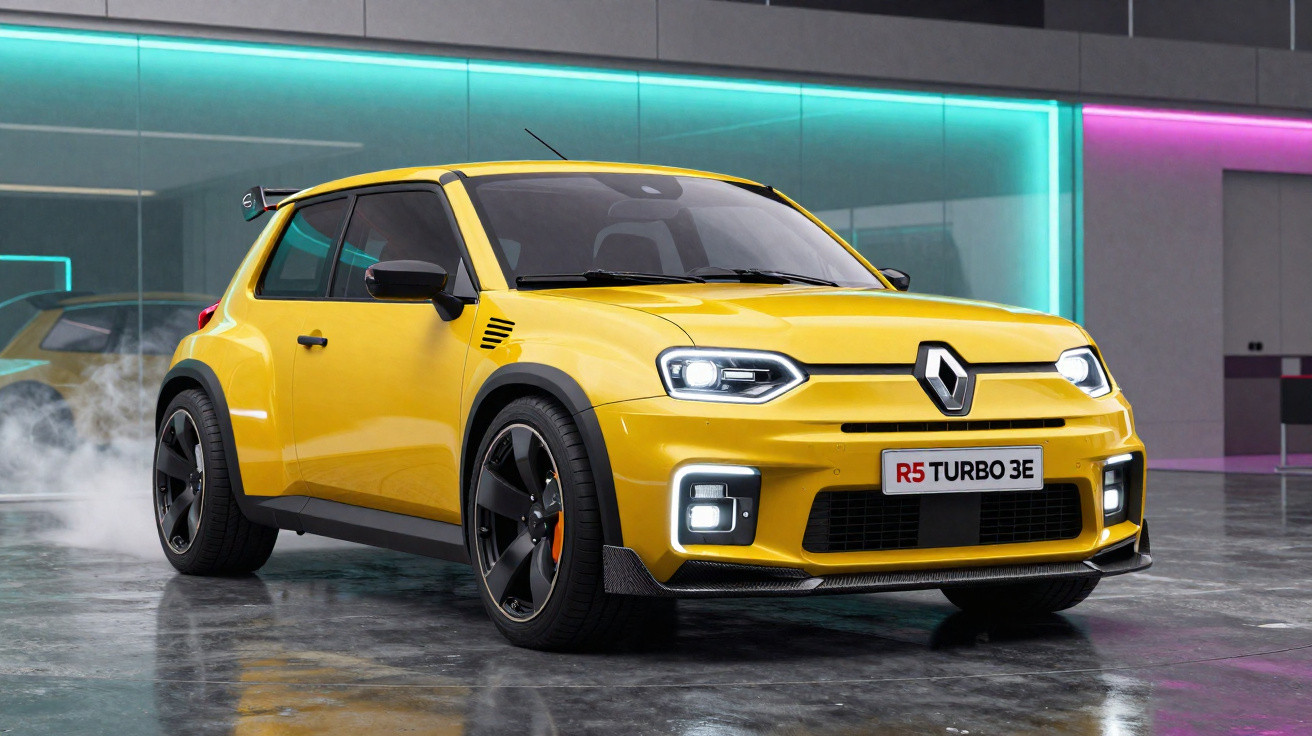Carro desportivo Renault amarelo R5 Turbo 3E com faróis acesos em garagem moderna.