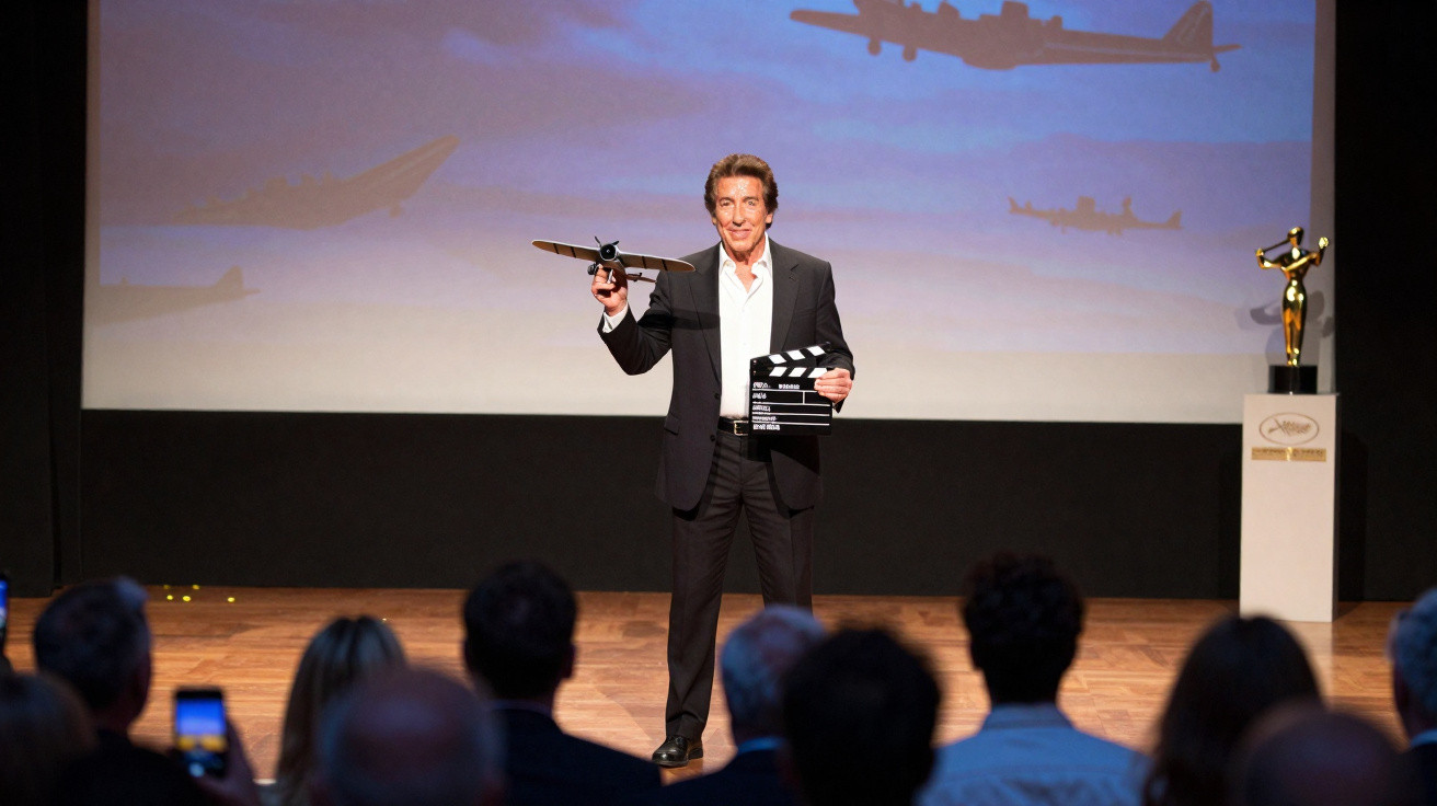 Homem em palco segura clapperboard e avião de modelo, com imagem de aviões atrás, frente a público.