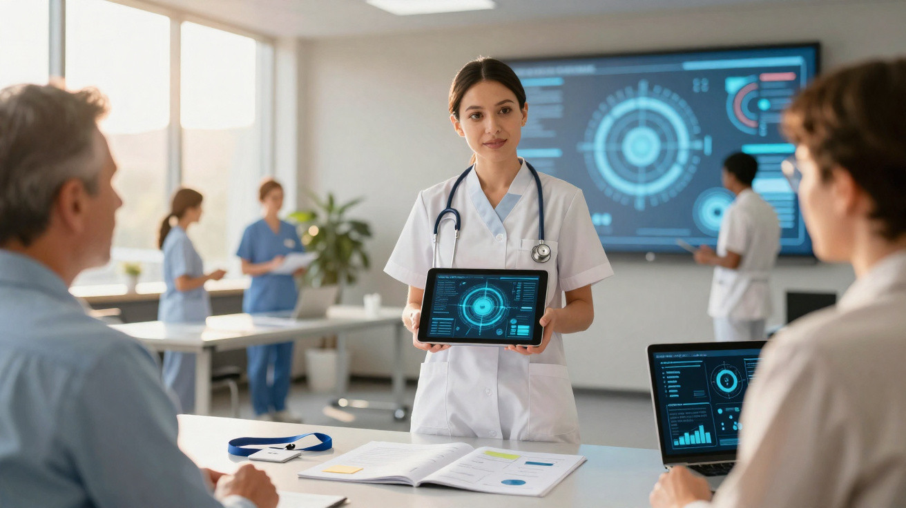 Médica apresenta dados digitais em tablet numa reunião hospitalar com colegas e tecnologia médica à frente.
