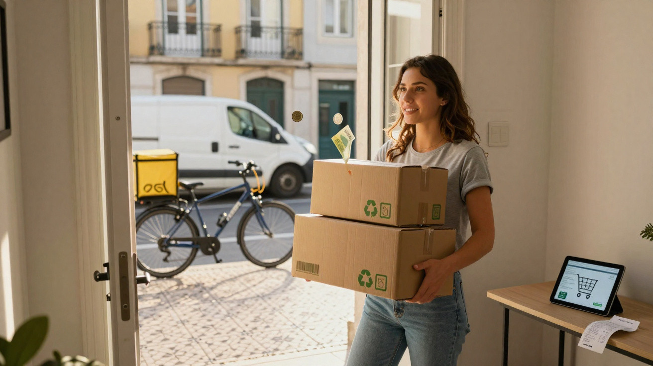 Mulher a receber encomendas em caixas de cartão em casa, com bicicleta e carrinha ao fundo na rua.