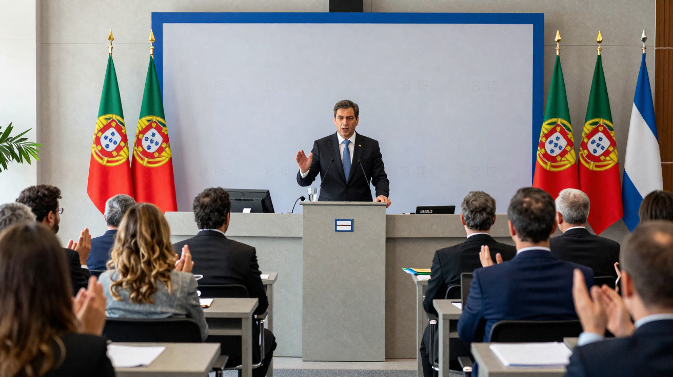 Homem a discursar em púlpito numa sala com público e bandeiras de Portugal e Uruguai ao fundo.