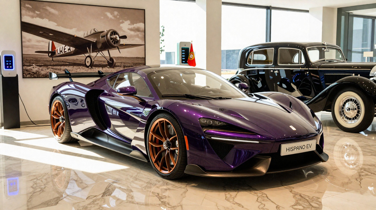 Carro desportivo eléctrico Hispano EV roxo com jantes douradas num salão com carro antigo e foto de avião.