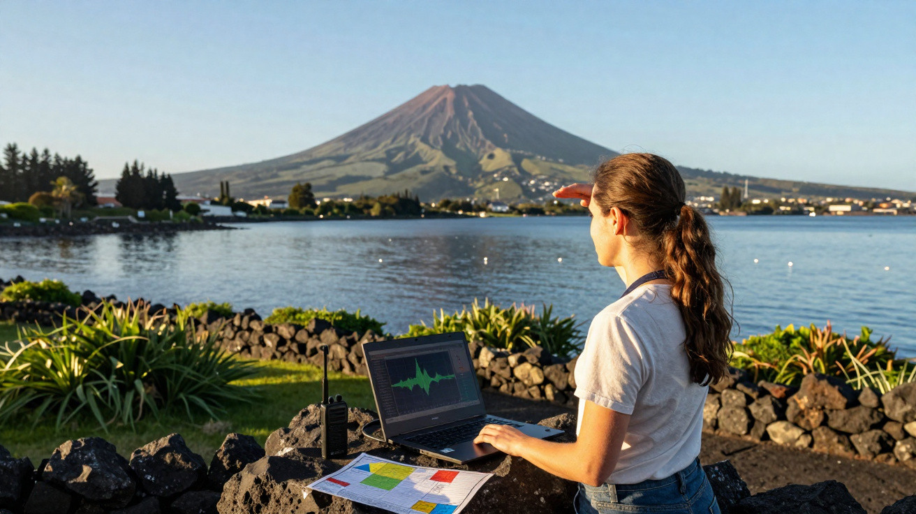 Mulher com telemóvel e computador portátil observa vulcão em paisagem natural junto a lago.