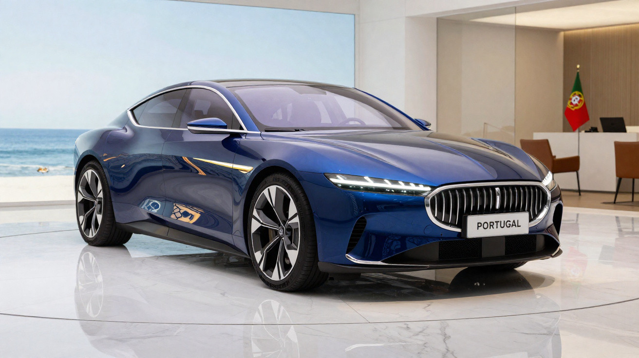Carro desportivo azul com matrícula Portugal exposto em sala moderna com bandeira de Portugal ao fundo.