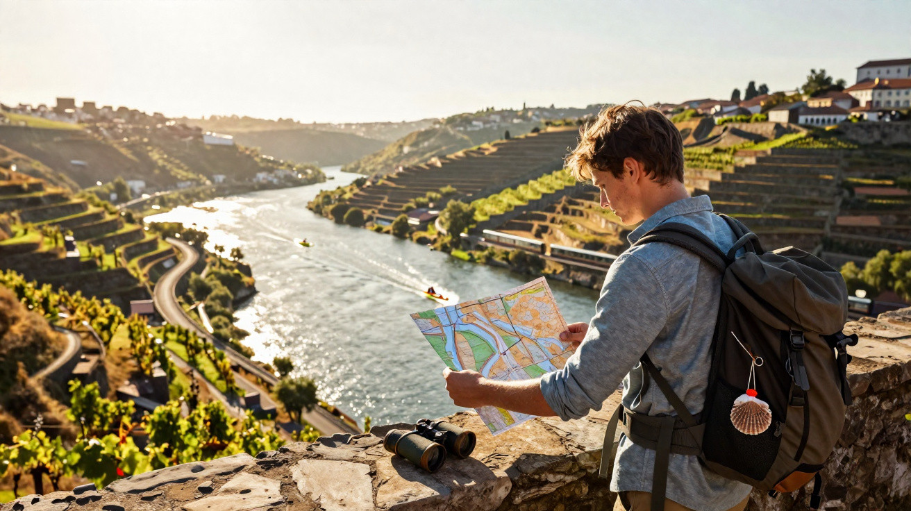 Jovem com mochila lê mapa junto a rio entre vinhas em encostas ao pôr do sol.