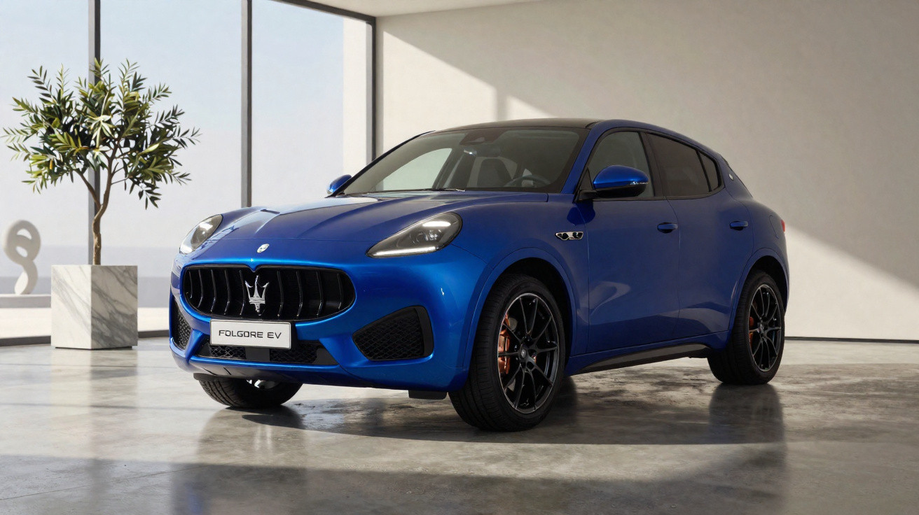 Carro elétrico Maserati Folgore EV azul estacionado em espaço interior minimalista com planta.