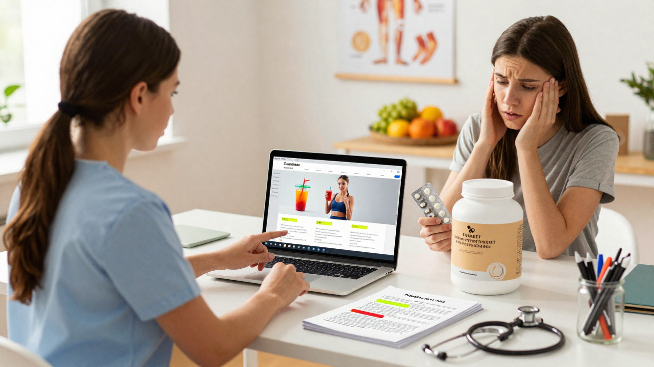 Mulher preocupada consulta médica que mostra suplemento nutricional e analisa receitas no computador.