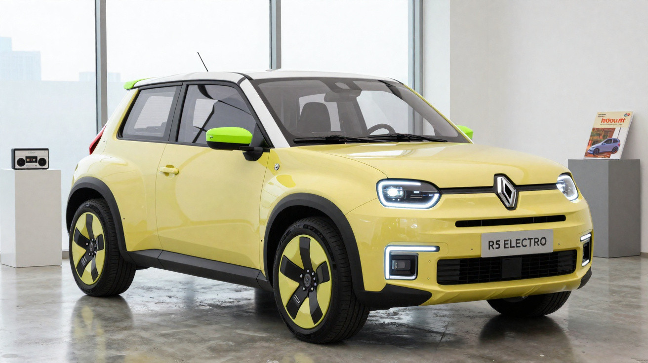 Carro elétrico Renault R5 Electro amarelo e verde numa sala branca com chão de cimento polido.