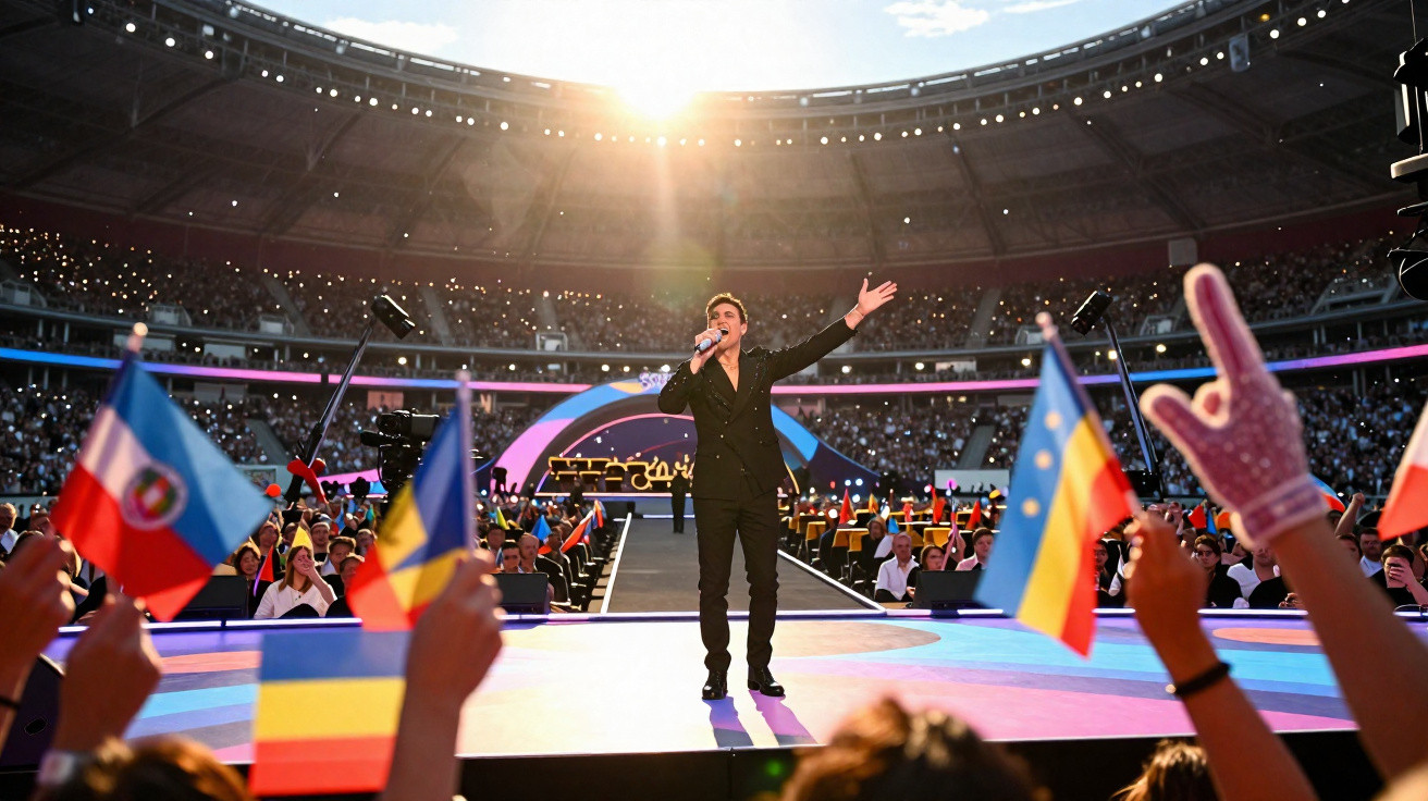 Cantor performando num grande estádio com público a acenar bandeiras coloridas à sua volta.