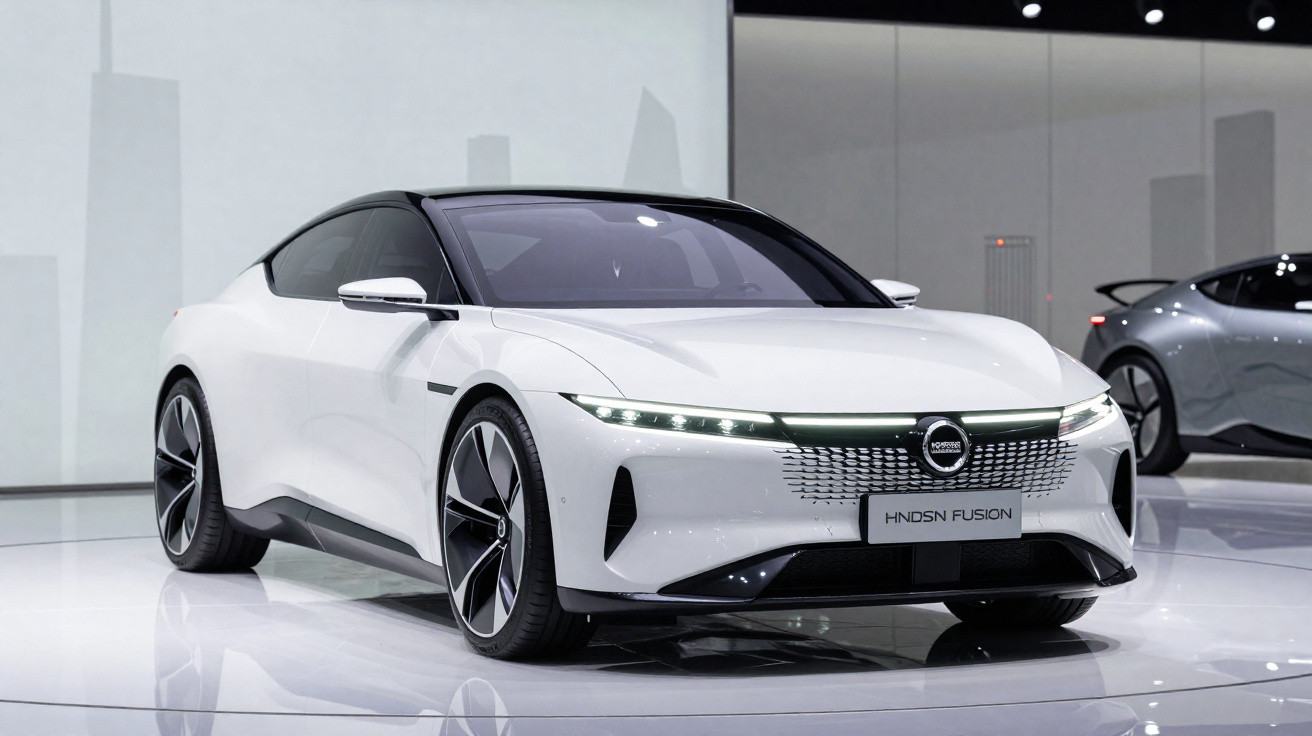 Carro eléctrico branco futurista apresentado em salão automóvel com design aerodinâmico e faróis LED finos.