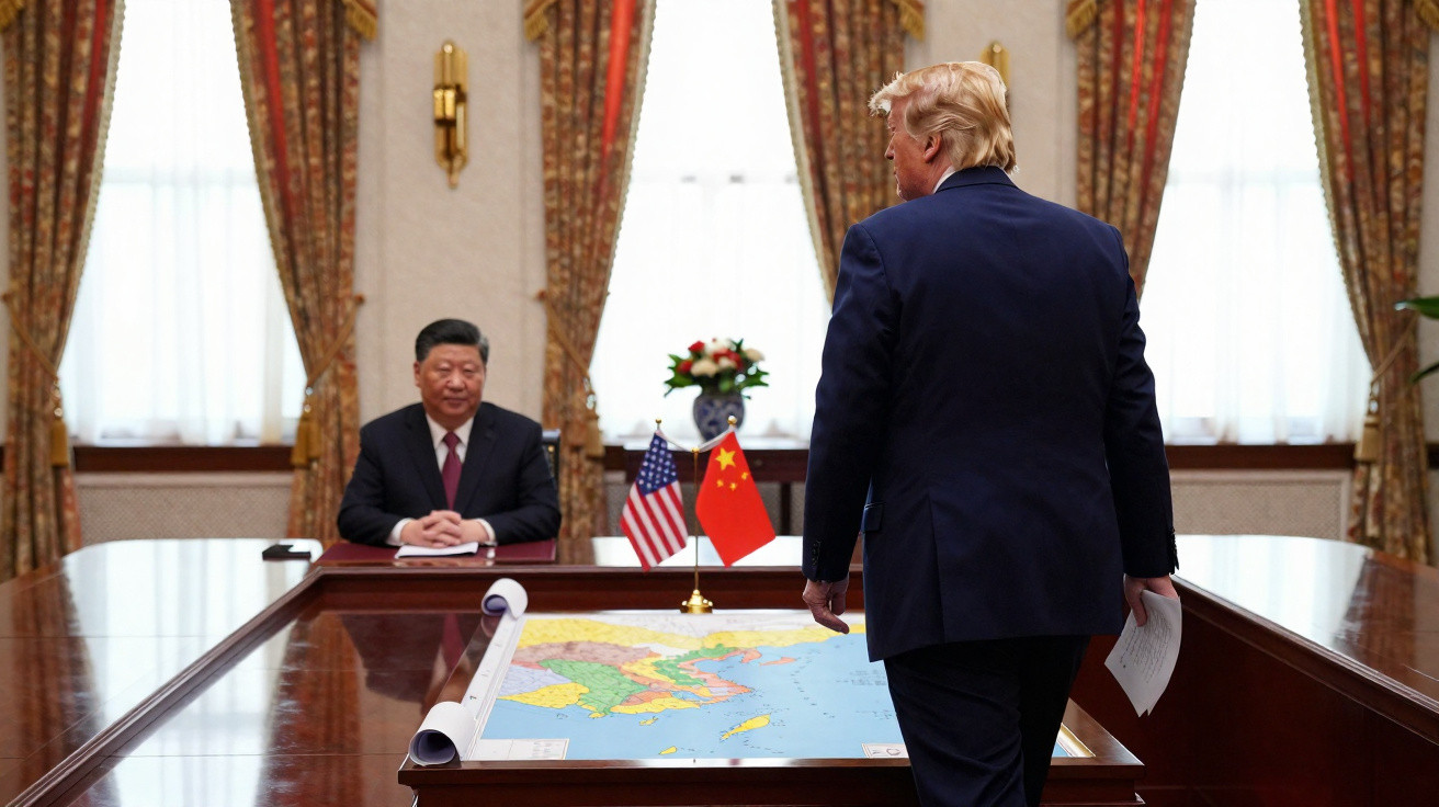Líderes de Estados Unidos e China em reunião, com mapa estendido sobre mesa e bandeiras em destaque.