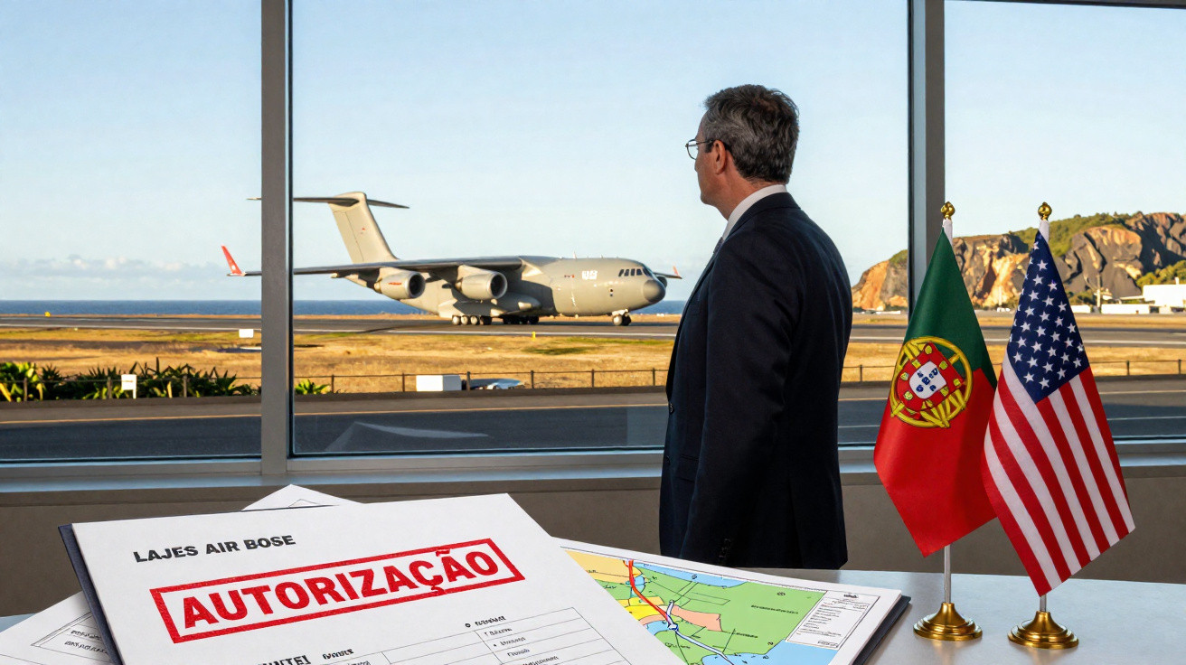 Homem de fato observa avião militar na pista, com bandeiras de Portugal e EUA e documento de autorização.