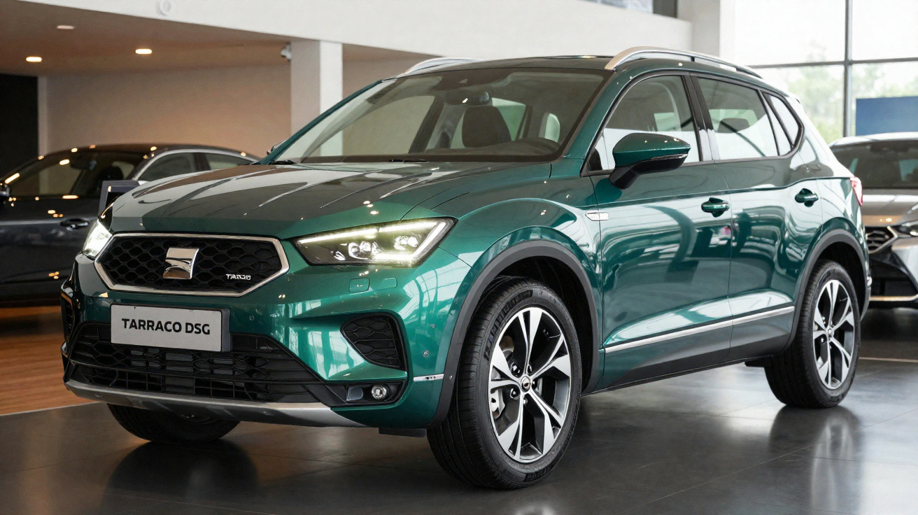 Automóvel SUV verde Seat Tarraco DSG estacionado em showroom moderno com piso cinzento.