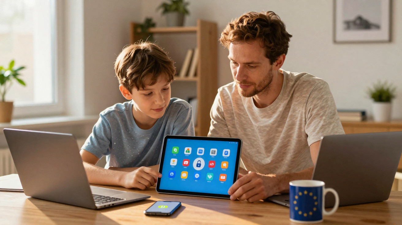 Pai e filho sentados à mesa com computadores e tablet, a aprender e explorar aplicações digitais.