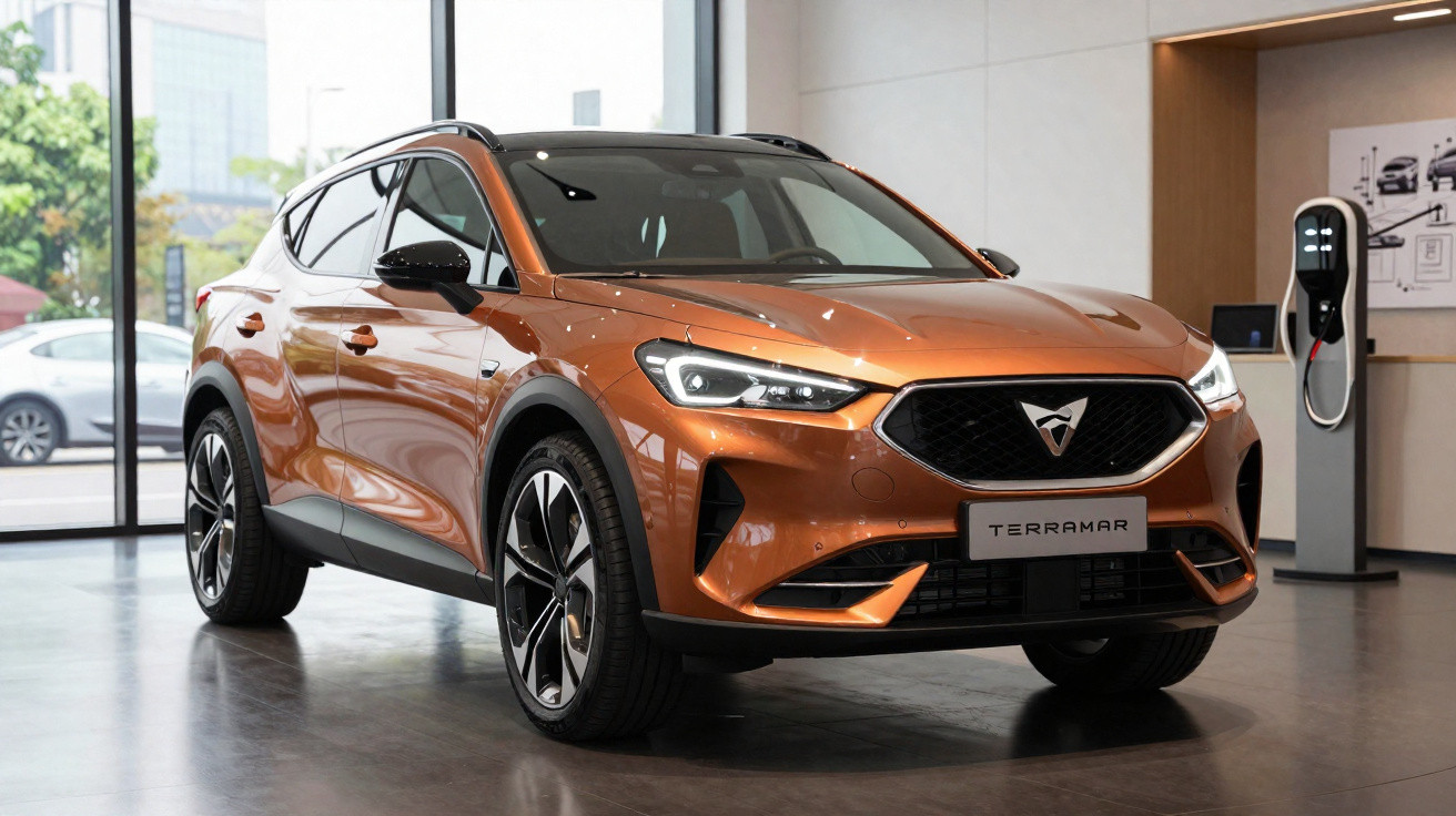 Cupra Terramar castanho metálico exibido em showroom moderno com carregador elétrico ao fundo.