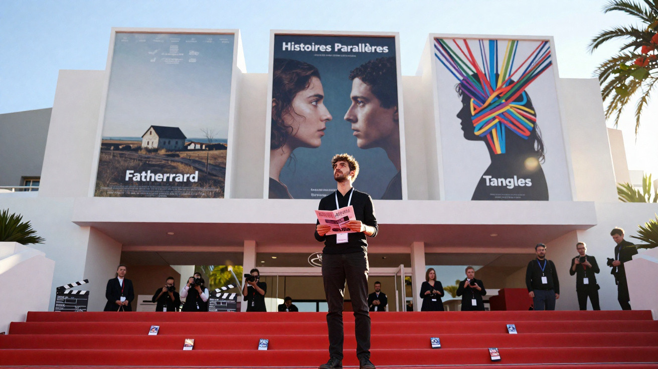 Homem em escadaria vermelha de cinema com cartazes de filmes e equipe ao fundo num evento ao ar livre.