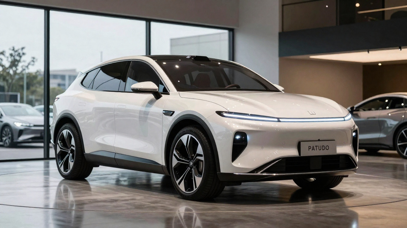 Carro elétrico branco moderno apresentado numa sala de exposições com janelas amplas.