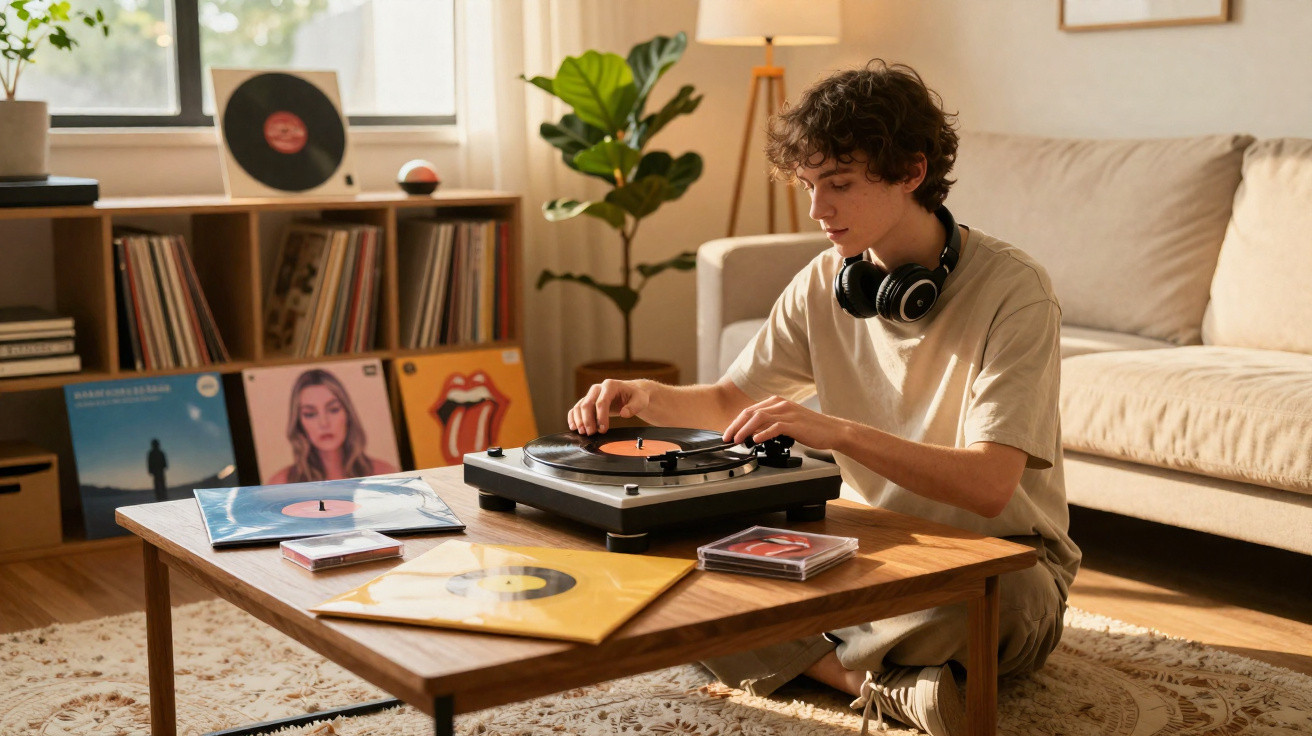 Jovem sentado no chão a ouvir vinil em gira-discos numa sala luminosa e confortável.