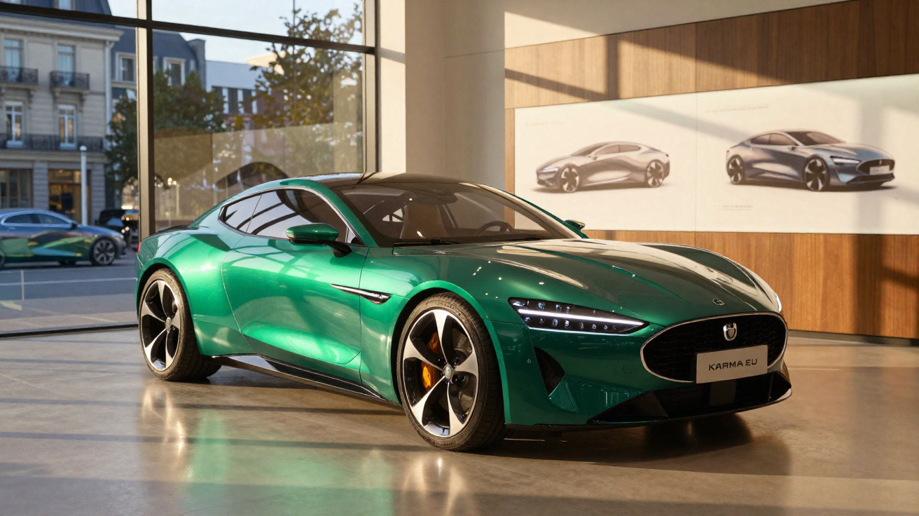 Carro desportivo verde com design futurista em showroom com janelas amplas e plantas externas visíveis.