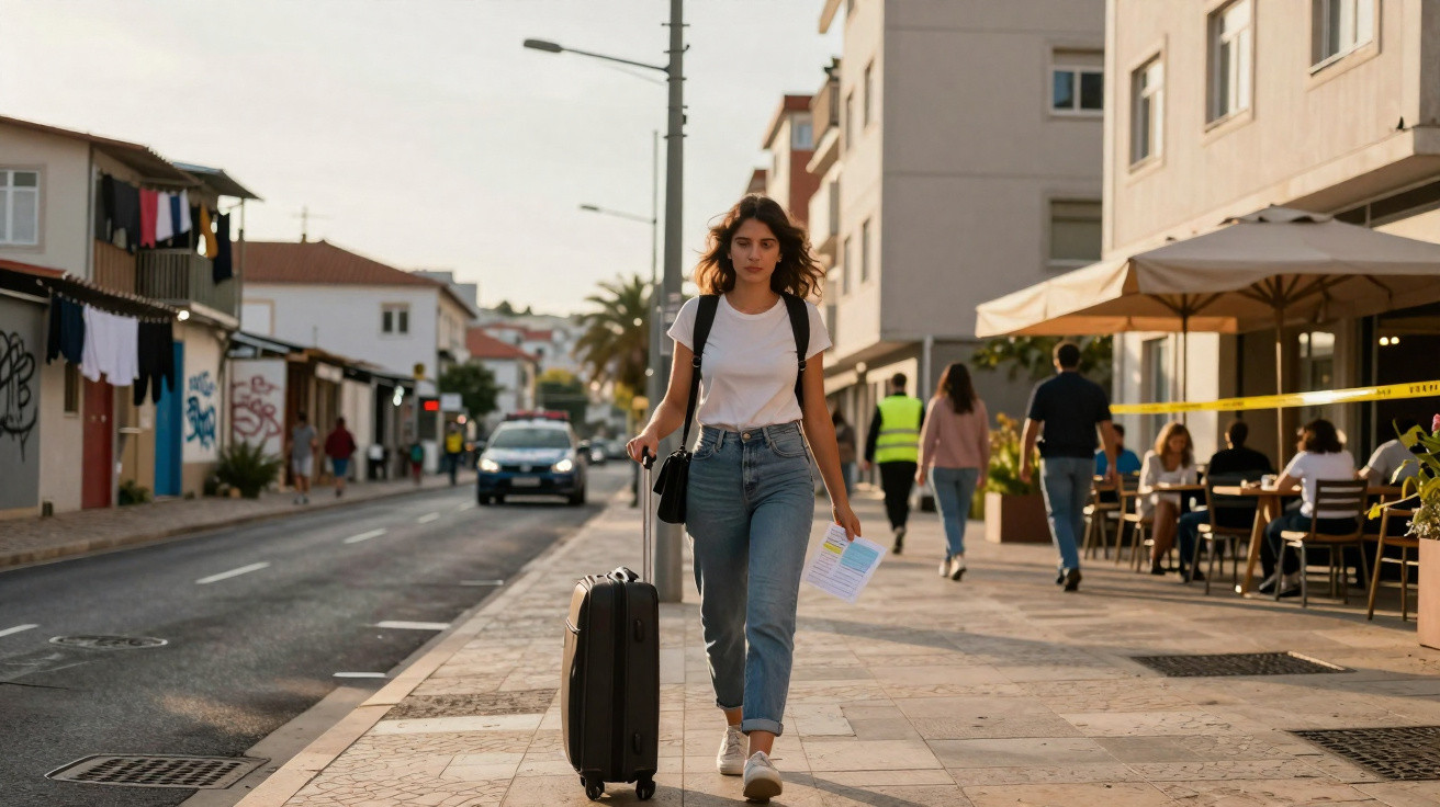 Mulher jovem a caminhar na calçada urbana com mala de viagem e documento na mão, de dia.