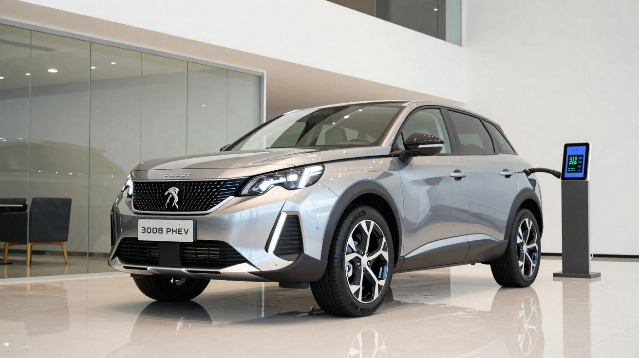 Carro elétrico Peugeot 3008 PHEV estacionado interiormente a carregar numa estação de carregamento.