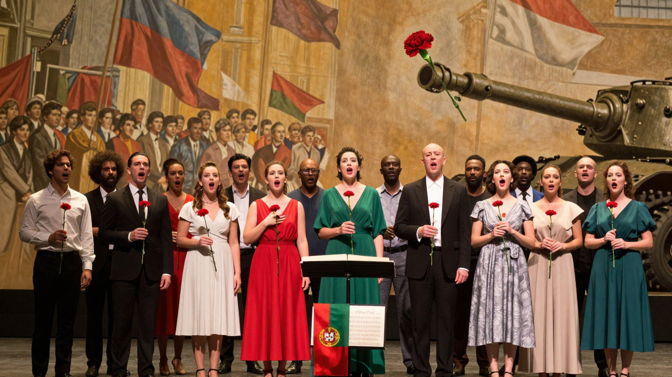 Grupo diversificado de cantores com flores vermelhas em mãos em cena com tanque e mural histórico ao fundo.