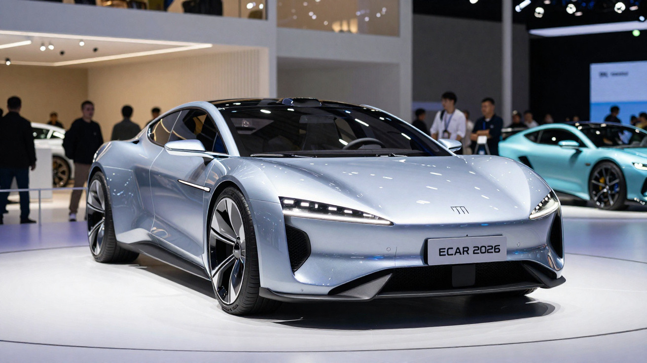 Carro desportivo elétrica prateado ECAR 2026 exposto numa feira automóvel moderna.