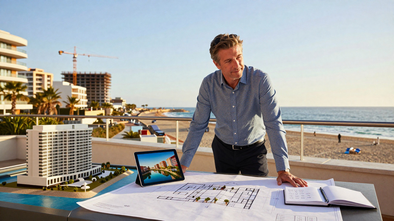Homem a analisar maquete e planos de arquitetura numa varanda com vista para a praia ao pôr do sol.
